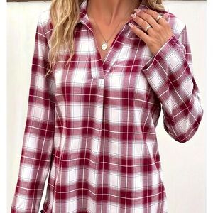 NWOT Plaid V-Neck Blouse - Red and White